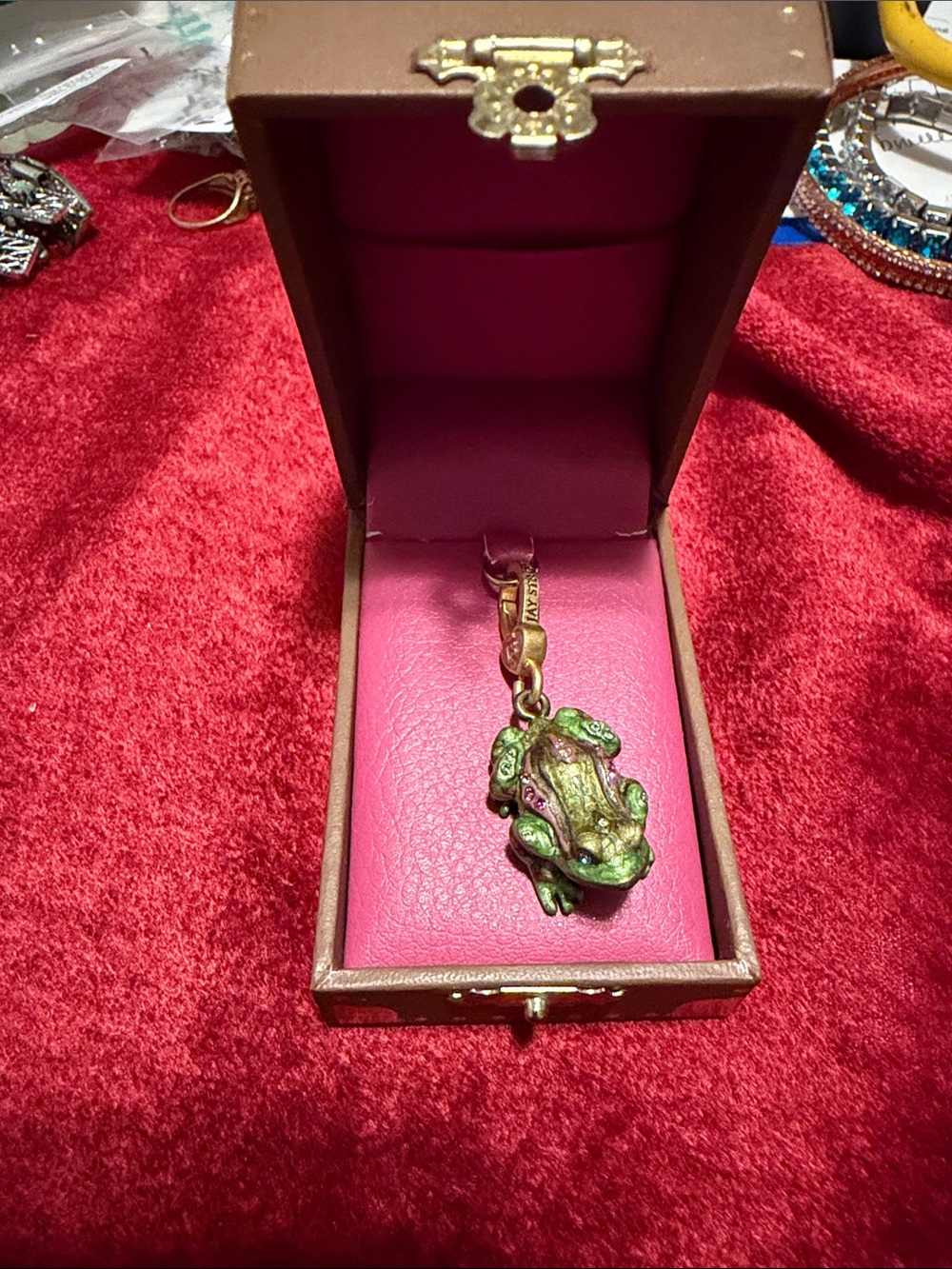 Vintage but brand new Jay Strongwater Green and Pink Gemstone Frog Pendant